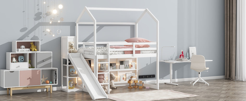 Twin Size Wood House Loft Bed with Slide, Storage Shelves, and Light