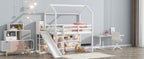Twin Size Wood House Loft Bed with Slide, Storage Shelves, and Light