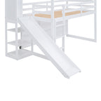 Twin Size Wood House Loft Bed with Slide, Storage Shelves, and Light