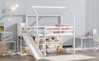 Twin Size Wood House Loft Bed with Slide, Storage Shelves, and Light