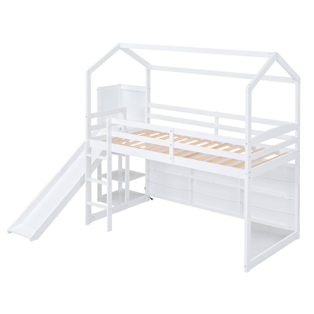 Twin Size Wood House Loft Bed with Slide, Storage Shelves, and Light