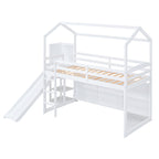Twin Size Wood House Loft Bed with Slide, Storage Shelves, and Light