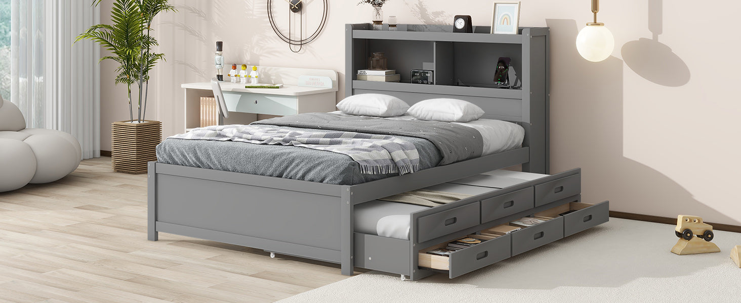 Full Size Platform Bed With Trundle, Drawers and USB Plugs