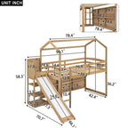 Twin Size Wood House Loft Bed with Slide, Storage Shelves and Light