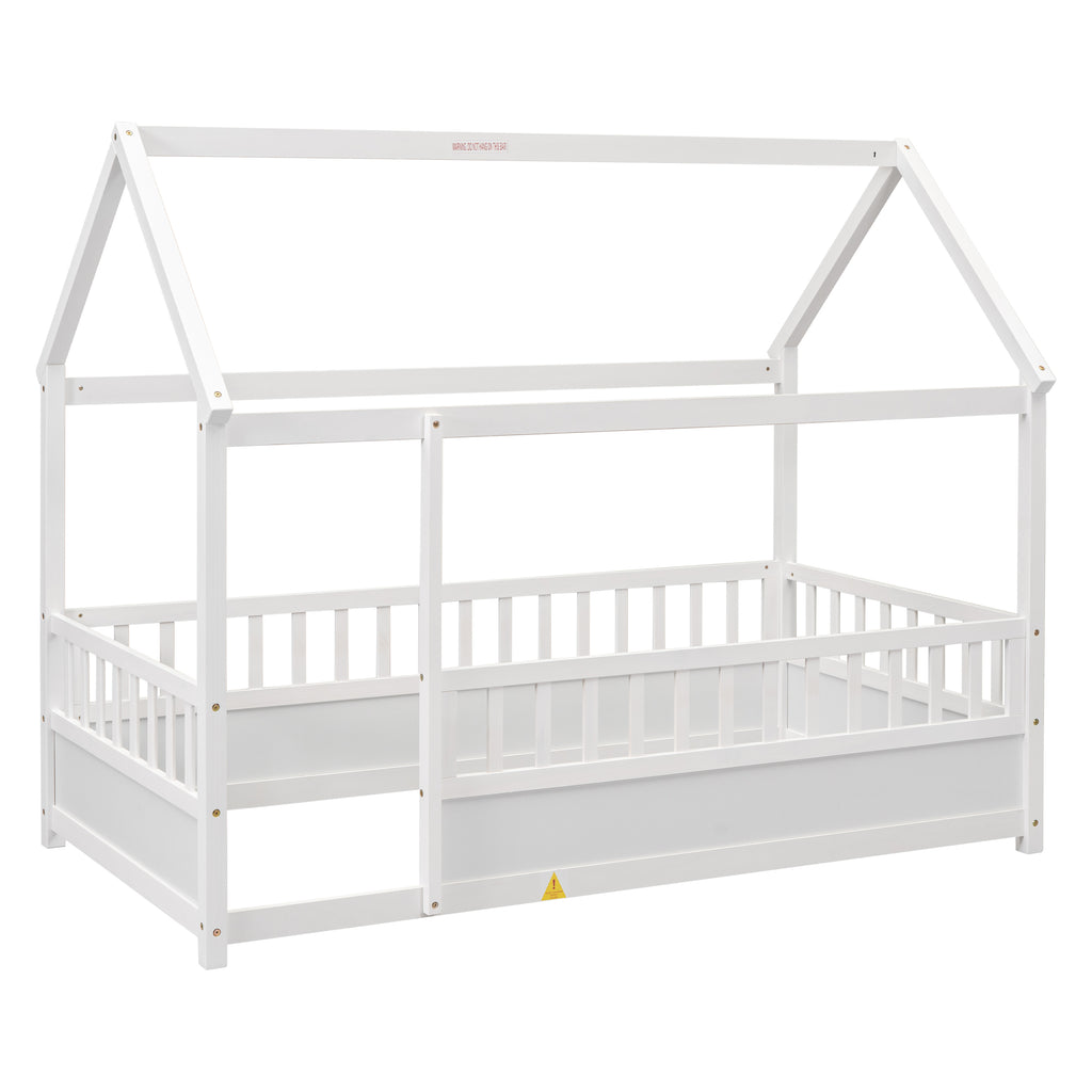 Twin Size Floor Wooden Bed with House Roof Frame