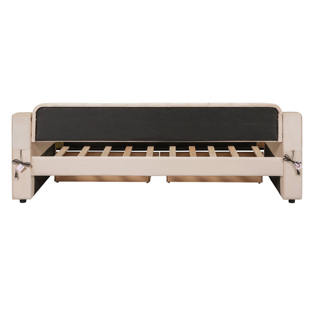 Twin Size Upholstered Daybed With Storage Armrests and USB Port