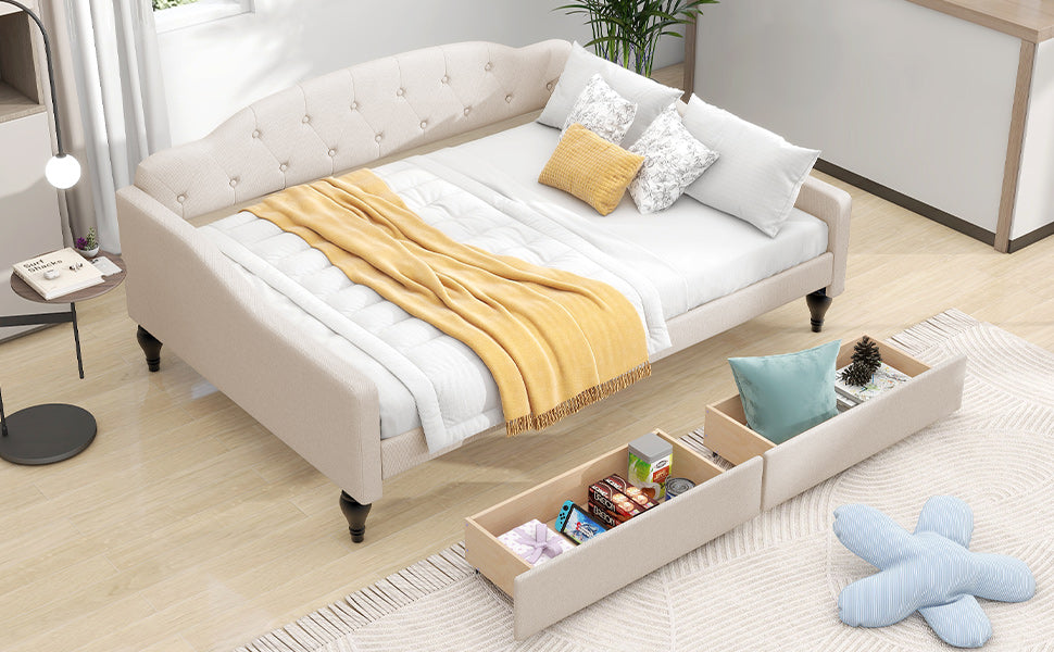 Full Size Upholstered Tufted Daybed with Two Drawers