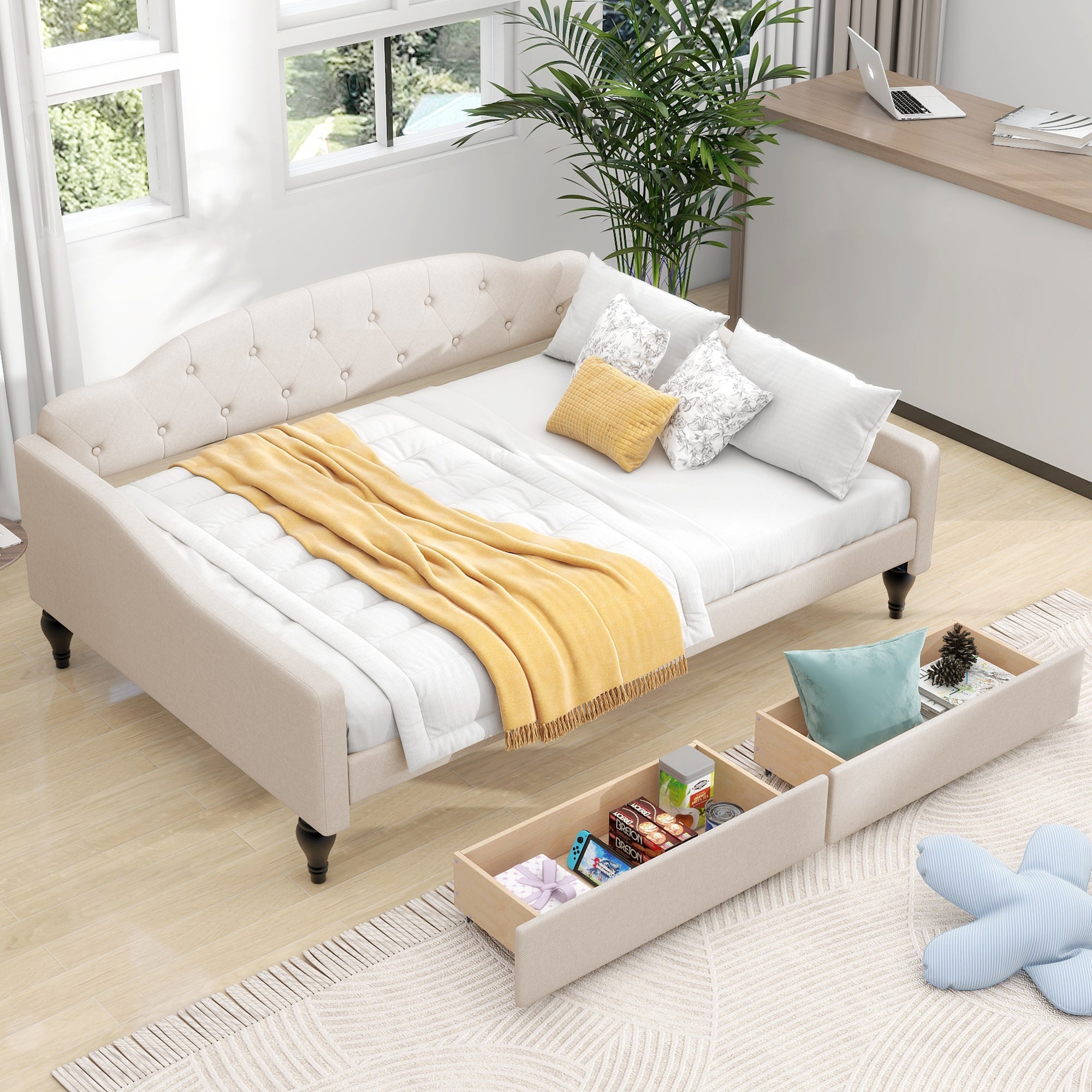 Full Size Upholstered Tufted Daybed with Two Drawers