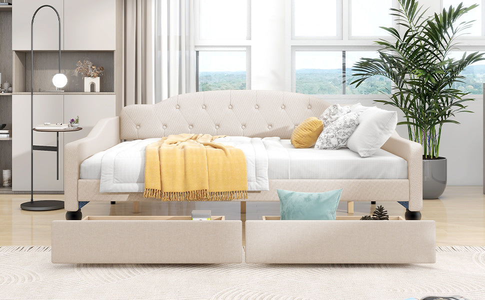 Full Size Upholstered Tufted Daybed with Two Drawers
