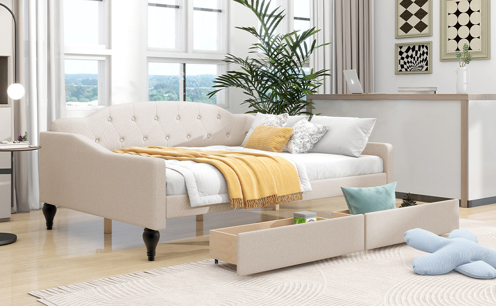 Full Size Upholstered Tufted Daybed with Two Drawers
