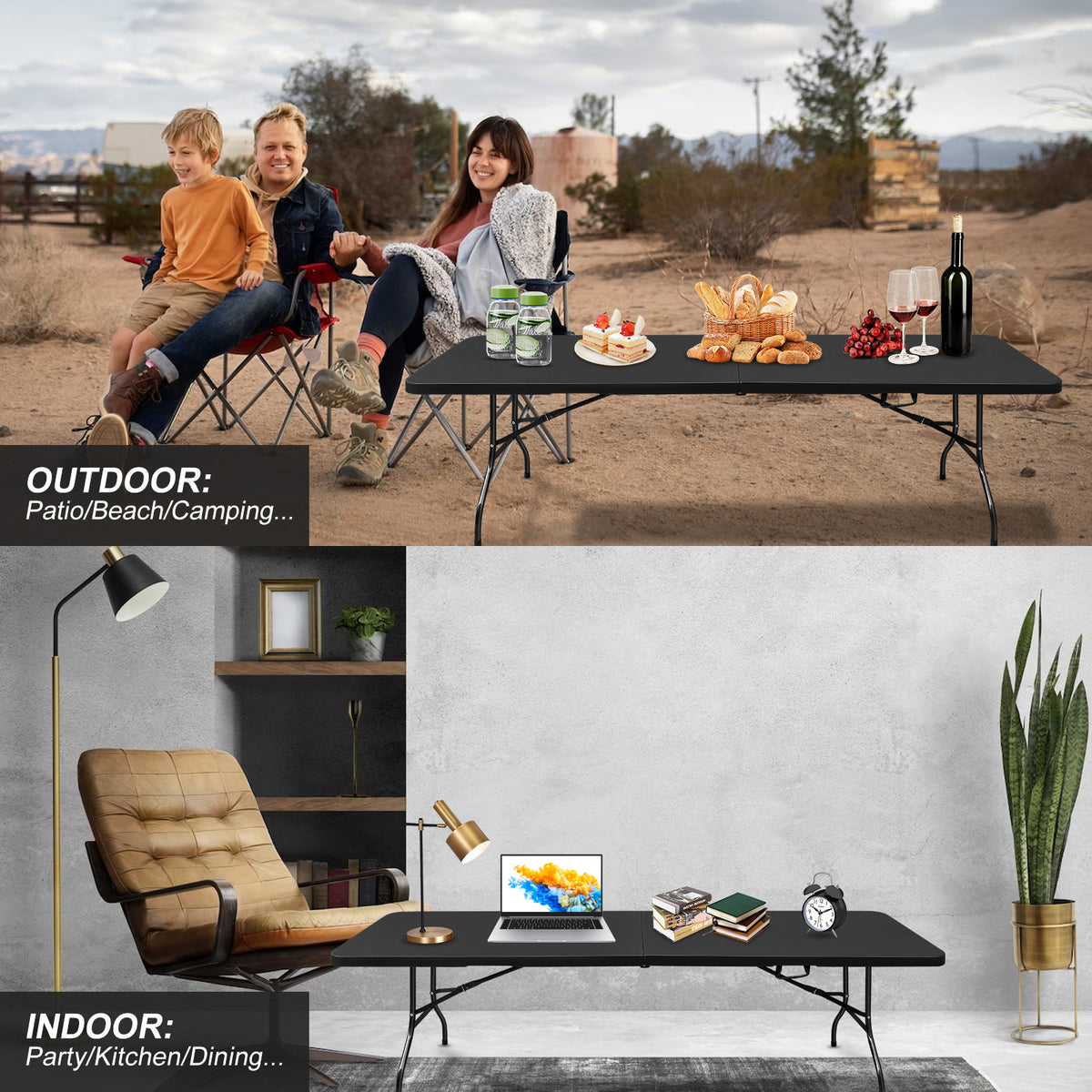 8ft Folding Table for Camping, Picnics, and Parties
