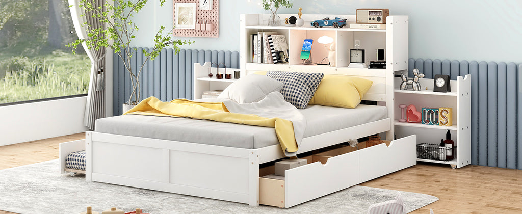 Full Size Storage Platform Bed with Pull Out Shelves, Twin Size Trundle and 2 Drawers