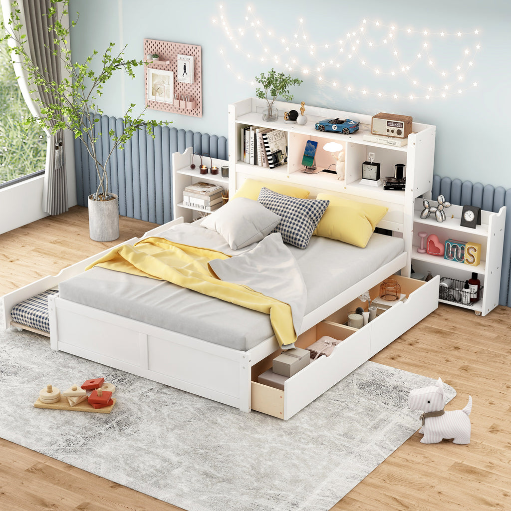 Full Size Storage Platform Bed with Pull Out Shelves, Twin Size Trundle and 2 Drawers