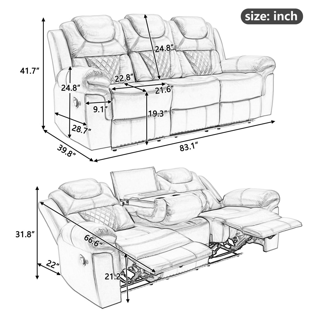 Home Theater Seating Manual Recliner Chair with Center Console and LED Light Strip