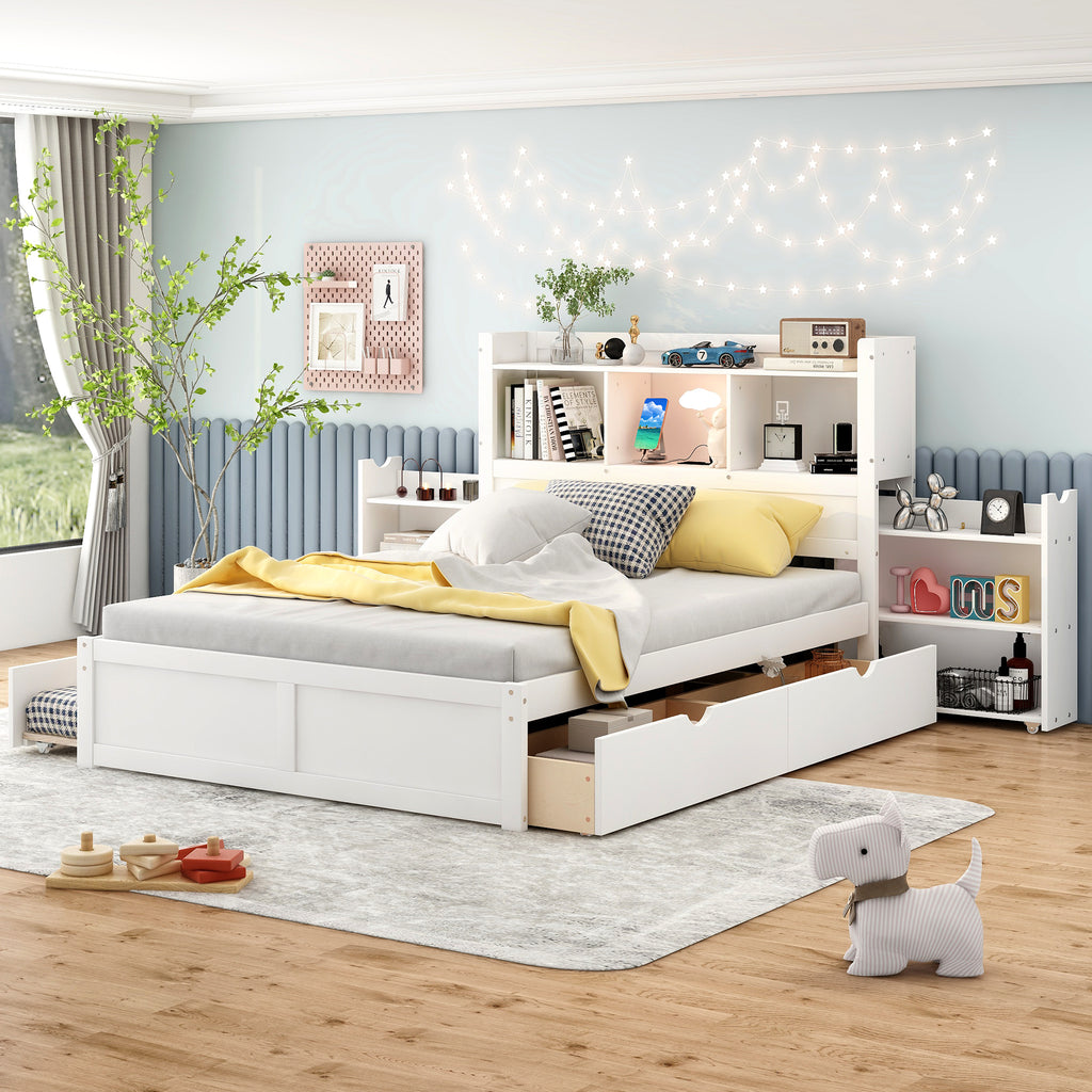 Full Size Storage Platform Bed with Pull Out Shelves, Twin Size Trundle and 2 Drawers