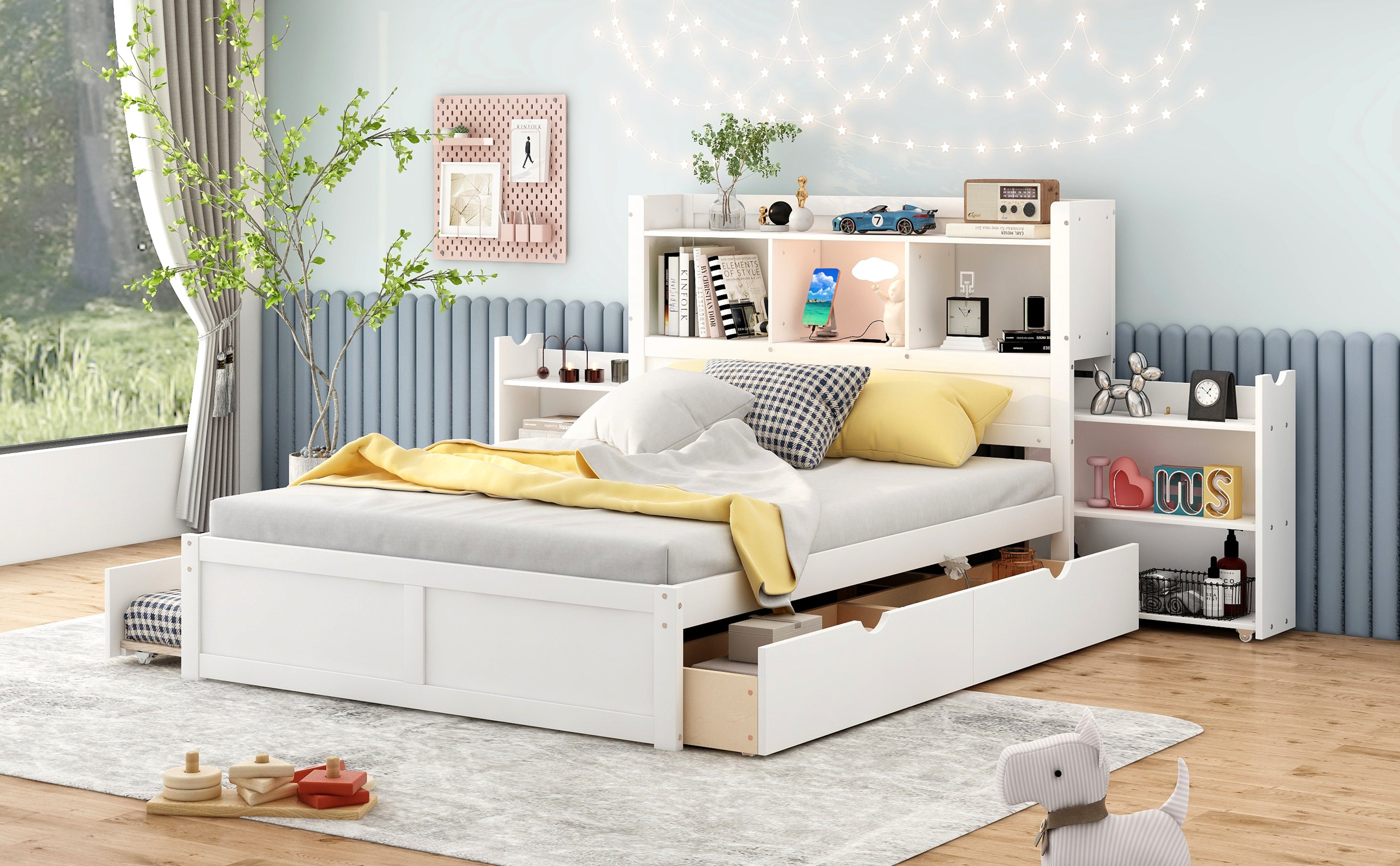 Full Size Storage Platform Bed with Pull Out Shelves, Twin Size Trundle and 2 Drawers