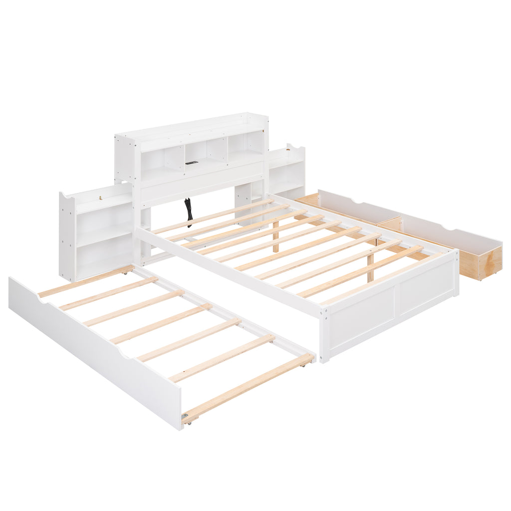 Full Size Storage Platform Bed with Pull Out Shelves, Twin Size Trundle and 2 Drawers