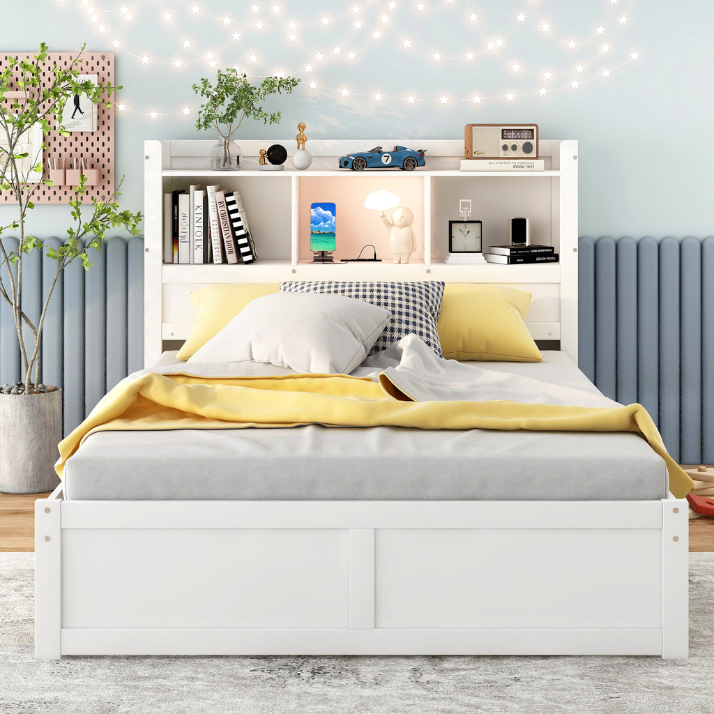 Full Size Storage Platform Bed with Pull Out Shelves, Twin Size Trundle and 2 Drawers
