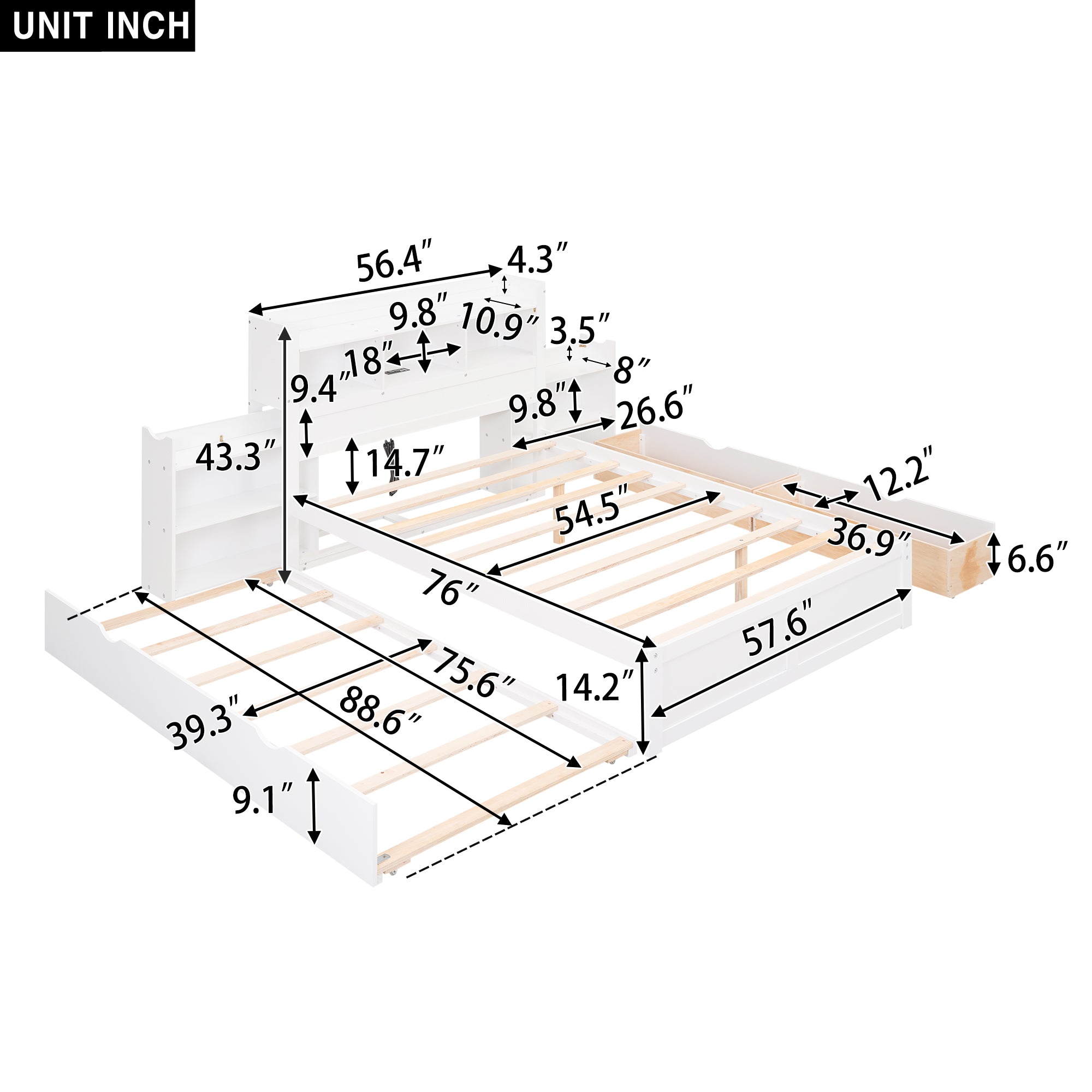 Full Size Storage Platform Bed with Pull Out Shelves, Twin Size Trundle and 2 Drawers