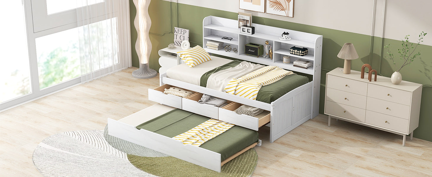 Twin Size Wooden Captain Bed with Built-in Bookshelves and Storage