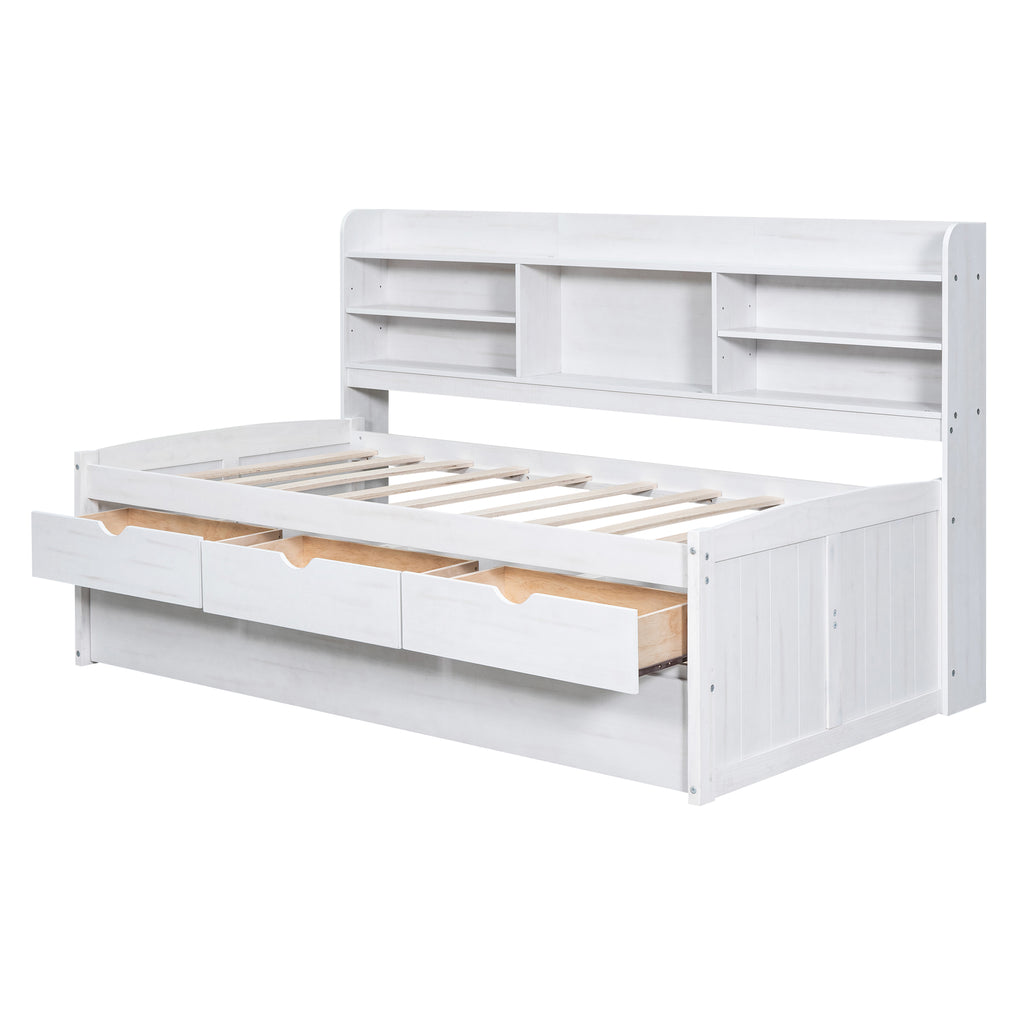 Twin Size Wooden Captain Bed with Built-in Bookshelves and Storage