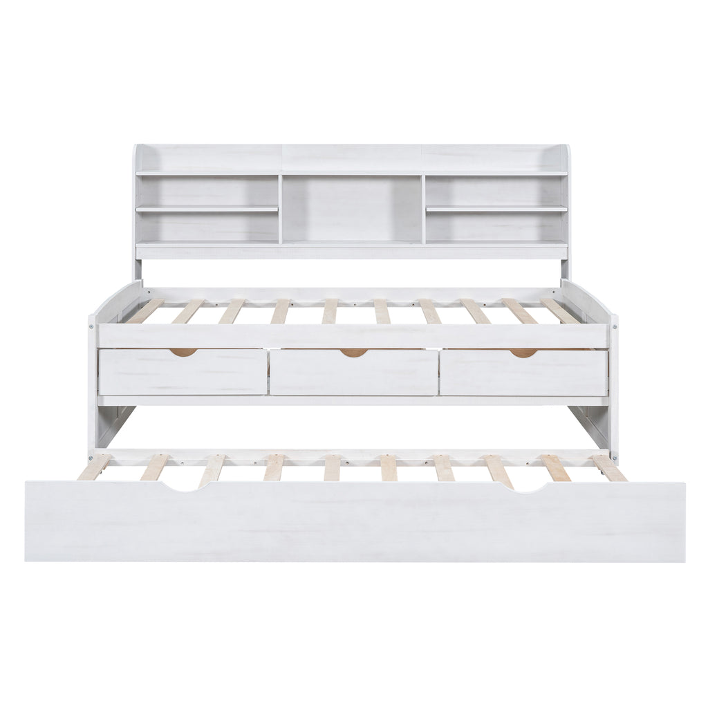 Twin Size Wooden Captain Bed with Built-in Bookshelves and Storage