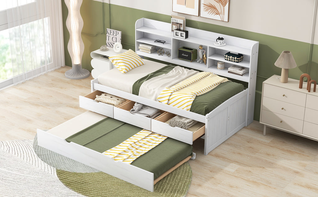 Twin Size Wooden Captain Bed with Built-in Bookshelves and Storage