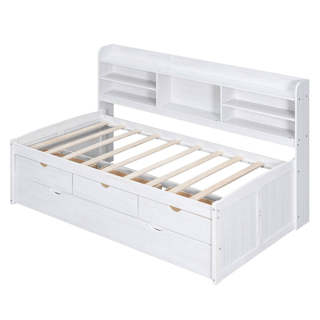 Twin Size Wooden Captain Bed with Built-in Bookshelves and Storage