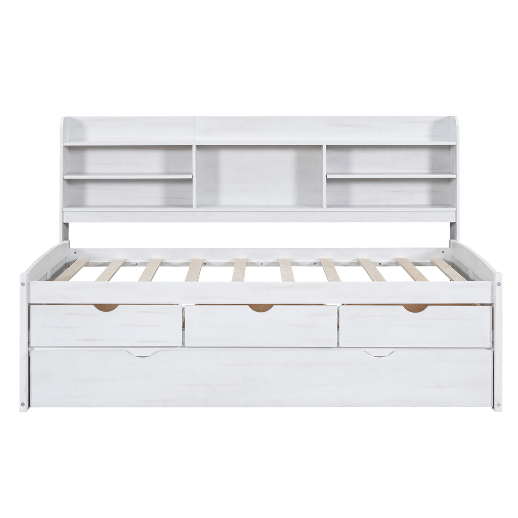 Twin Size Wooden Captain Bed with Built-in Bookshelves and Storage