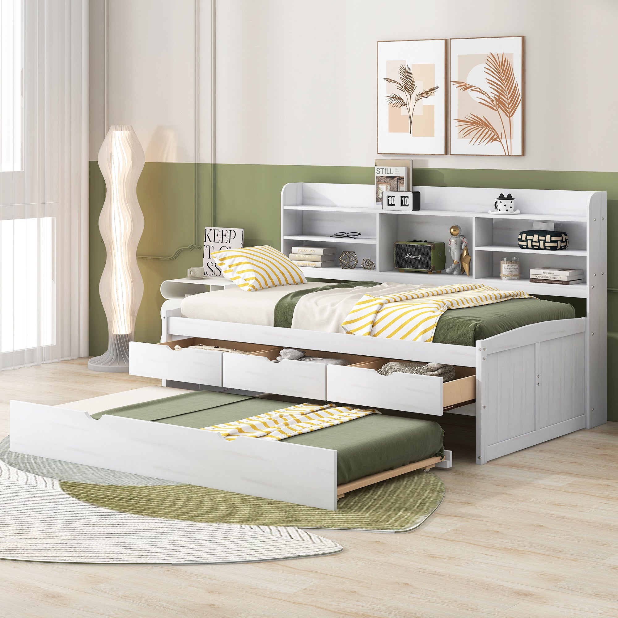 Twin Size Wooden Captain Bed with Built-in Bookshelves and Storage