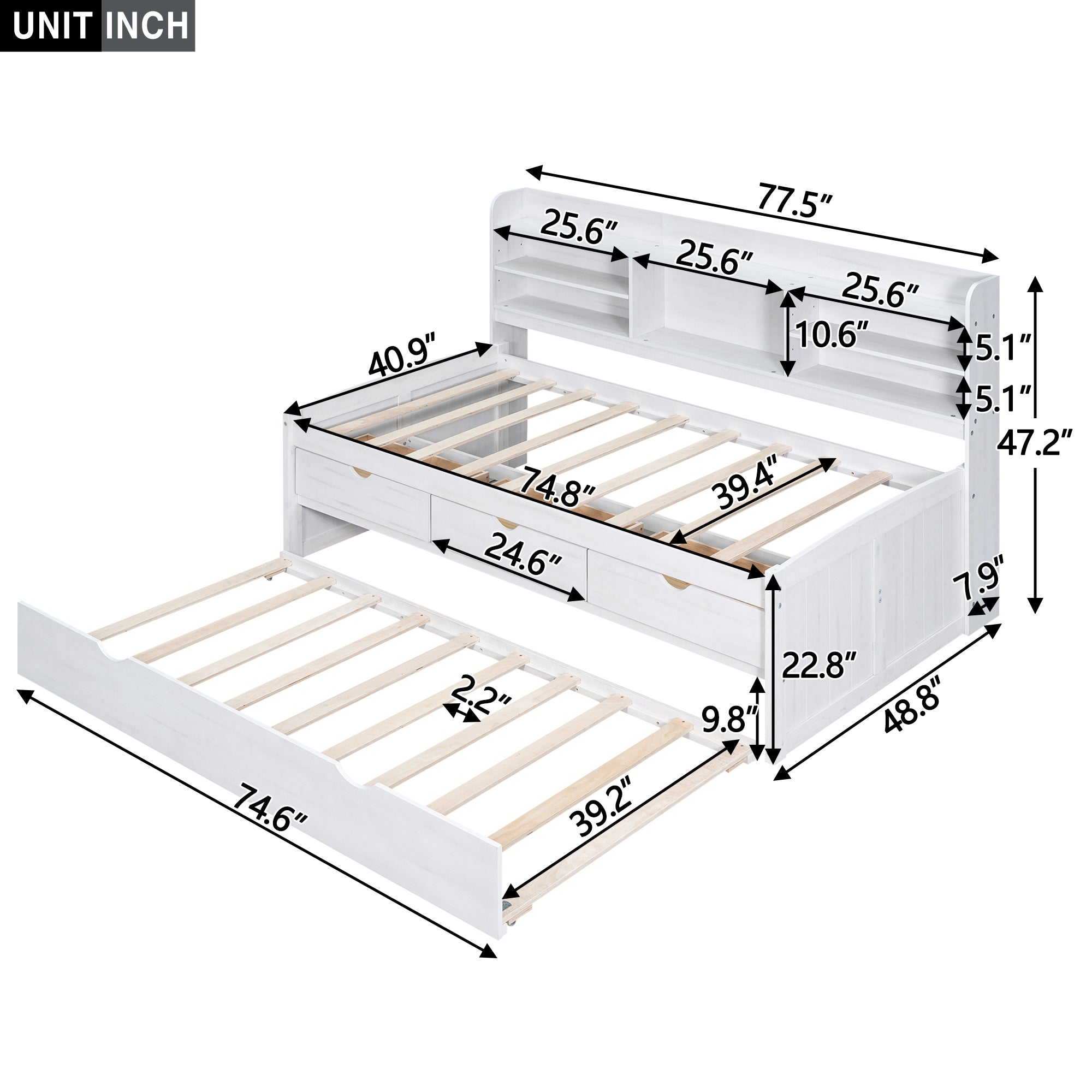 Twin Size Wooden Captain Bed with Built-in Bookshelves and Storage