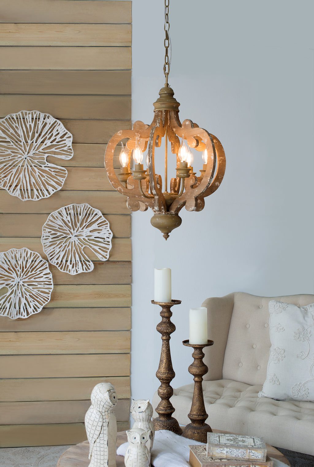 Farmhouse Chandelier, 6-Light Wood Pendant Light Fixture