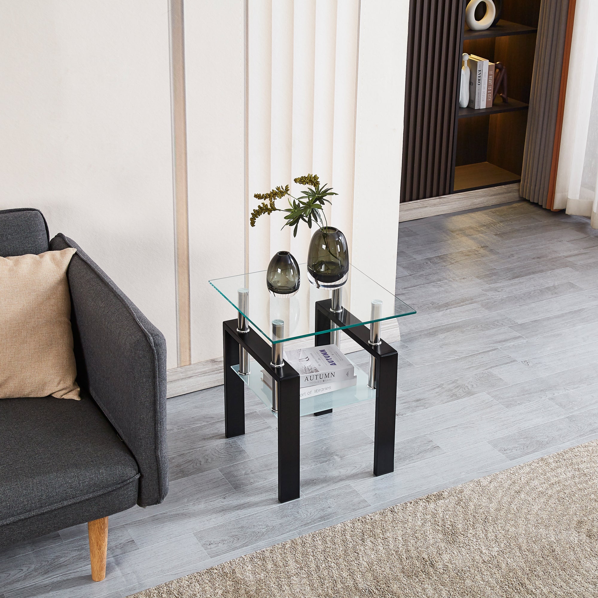 Tempered Transparent Glass End Table with Storage