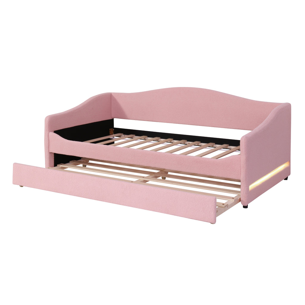 Teddy Fleece Twin Size Upholstered Daybed with Light and Trundle