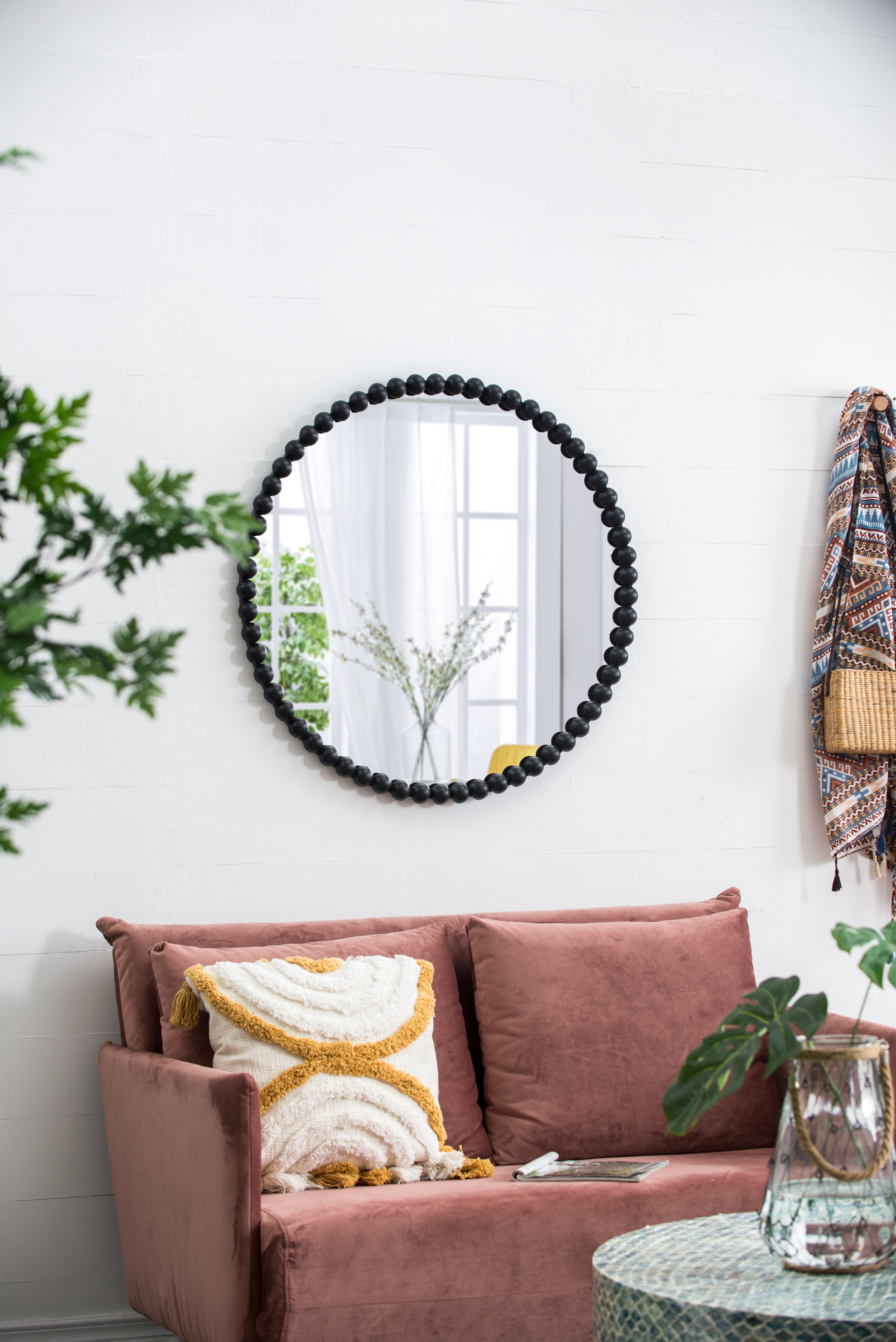 32" Circle Mirror with Metal Beaded Frame