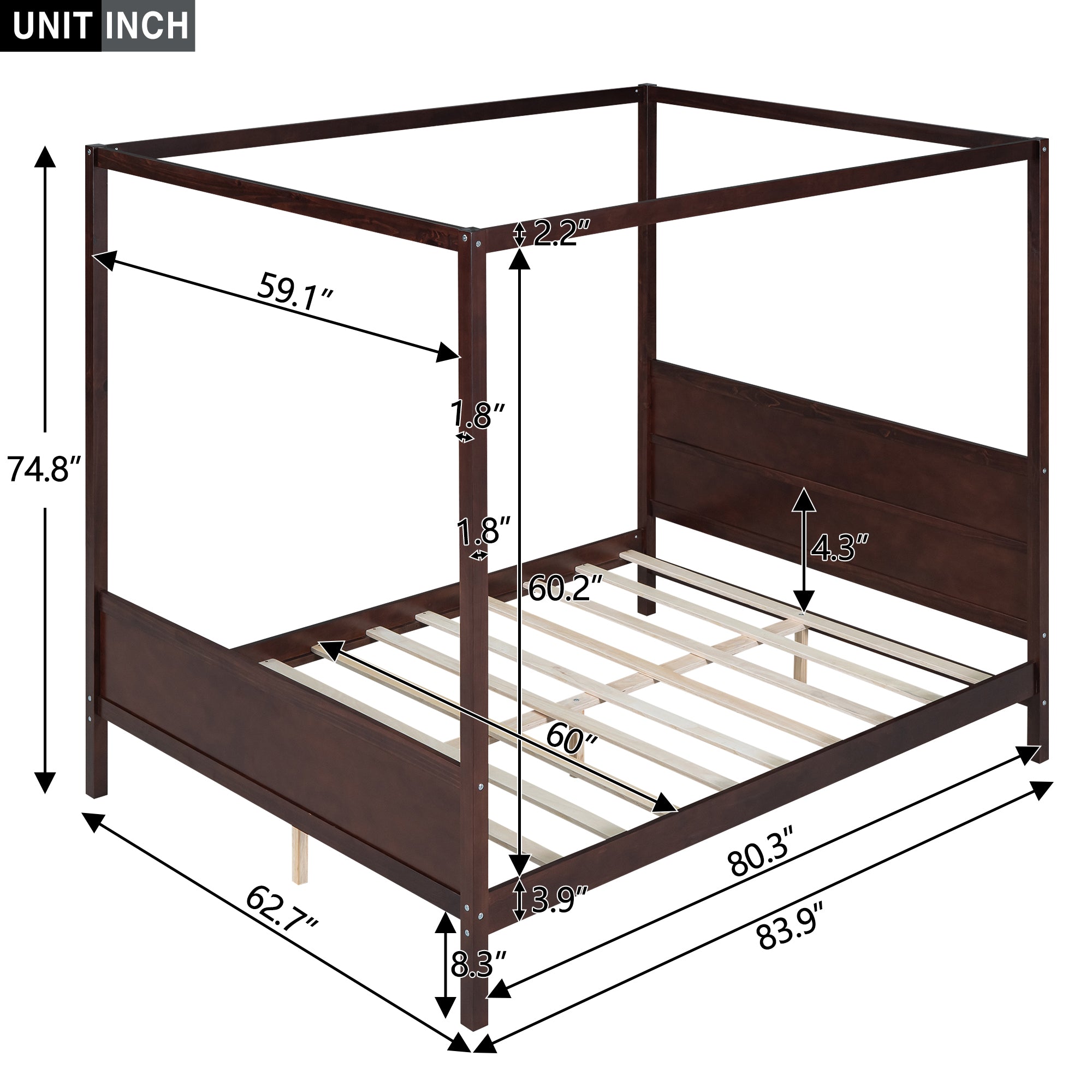 Queen Size Canopy Platform Bed with Headboard and Footboard