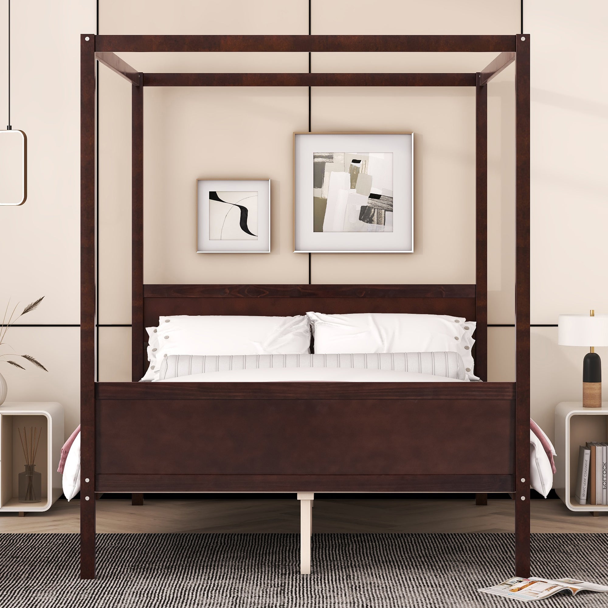 Queen Size Canopy Platform Bed with Headboard and Footboard