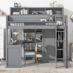 Wood Twin Size Loft Bed with Multiple Storage Shelves and Wardrobe