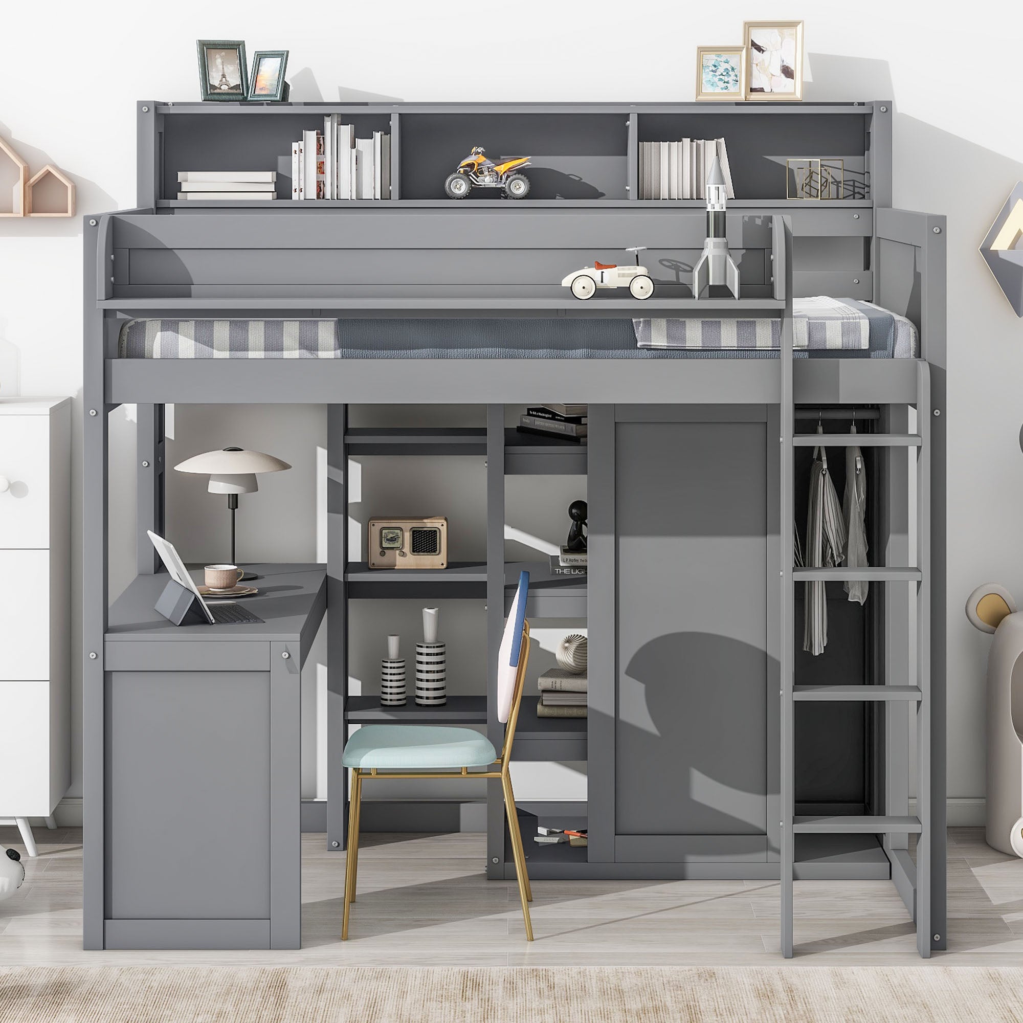 Wood Twin Size Loft Bed with Multiple Storage Shelves and Wardrobe