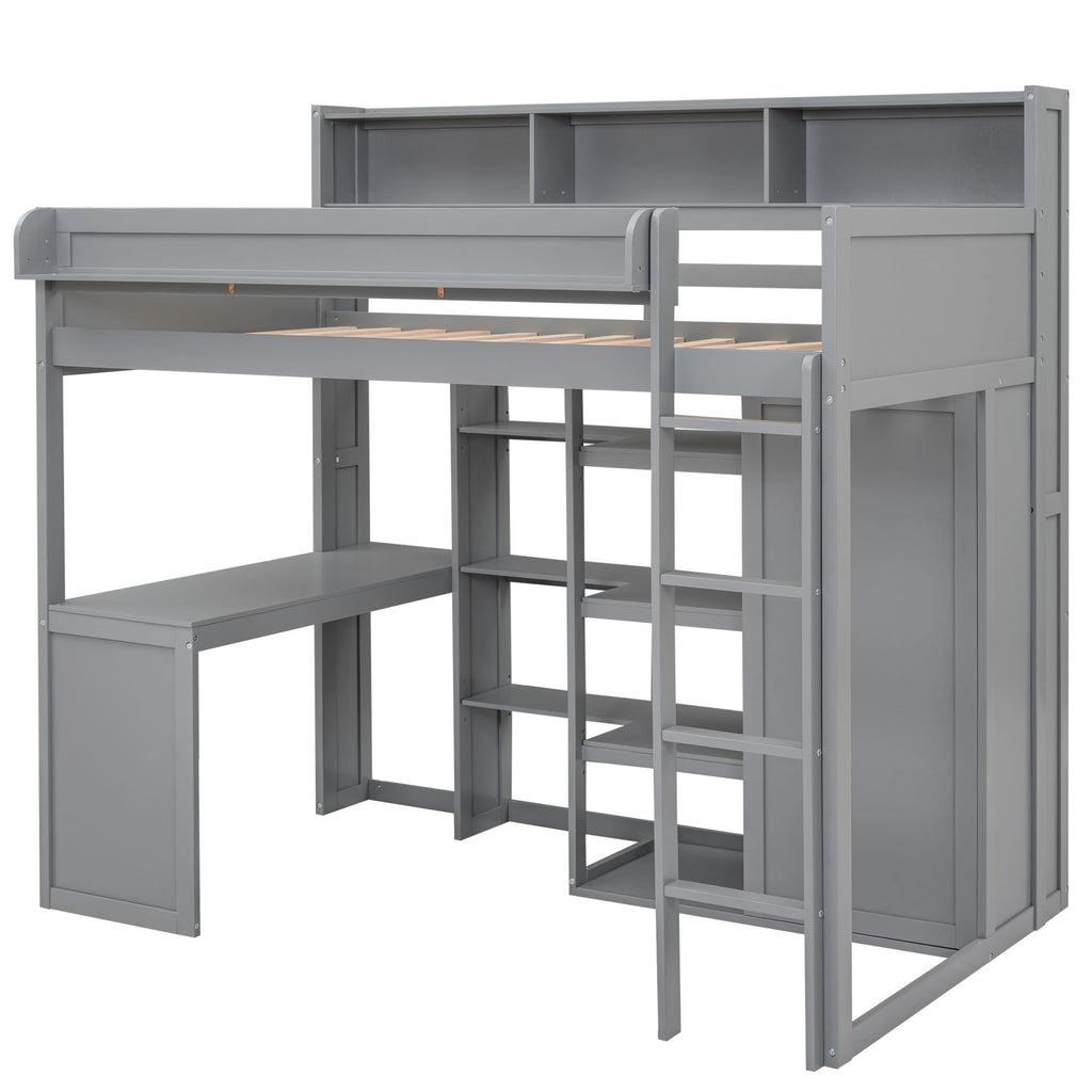 Wood Twin Size Loft Bed with Multiple Storage Shelves and Wardrobe