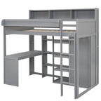 Wood Twin Size Loft Bed with Multiple Storage Shelves and Wardrobe