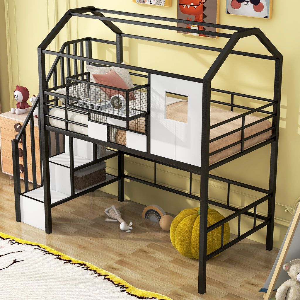 Metal Loft Bed with Roof Design and Storage Box, Twin