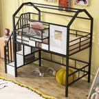 Metal Loft Bed with Roof Design and Storage Box, Twin