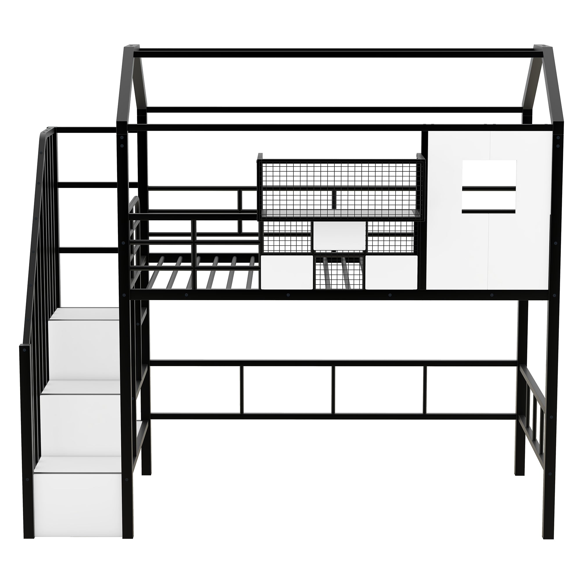 Metal Loft Bed with Roof Design and Storage Box, Twin