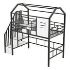 Metal Loft Bed with Roof Design and Storage Box, Twin