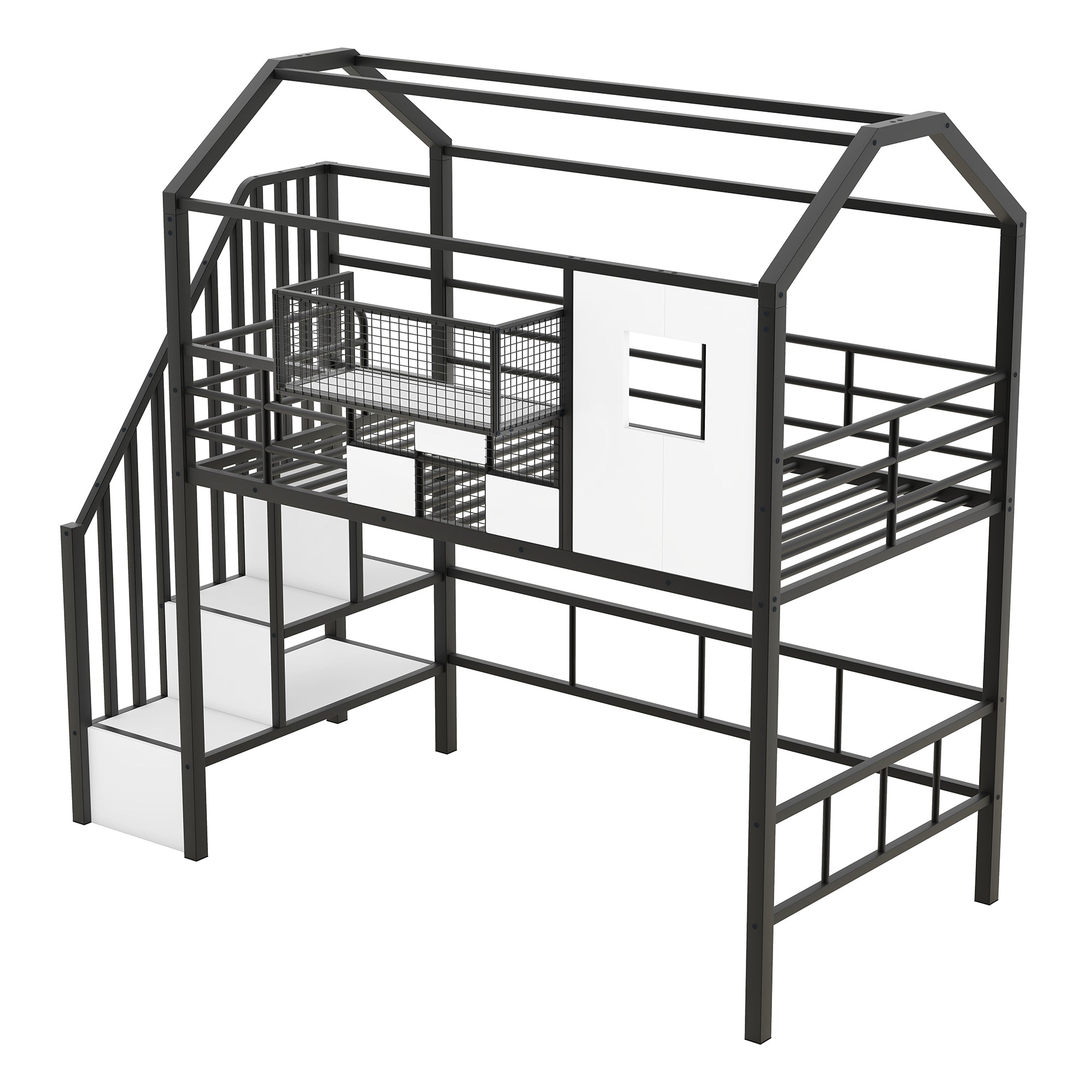 Metal Loft Bed with Roof Design and Storage Box, Twin