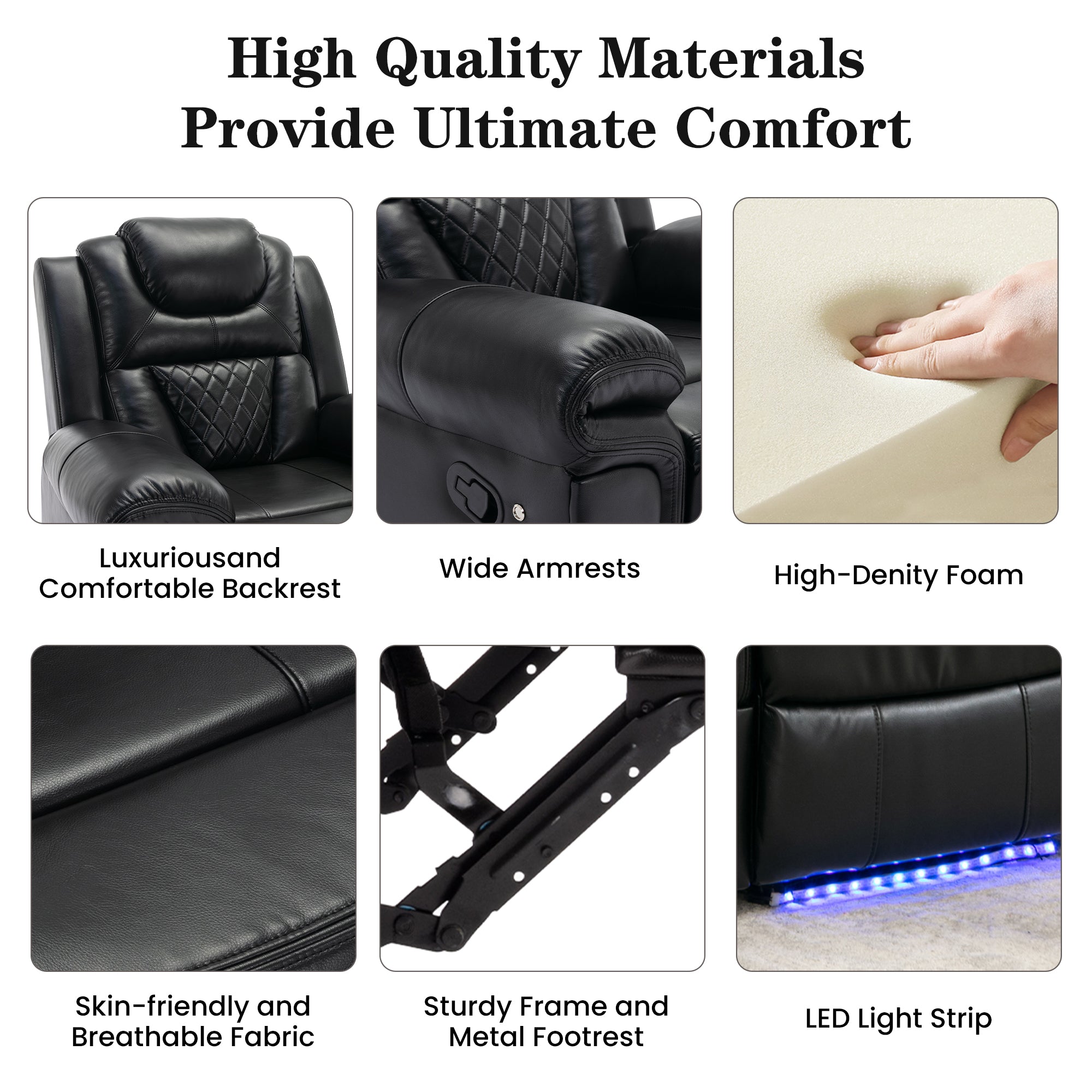 Home Theater Seating Manual Recliner Chair with Center Console and LED Light Strip