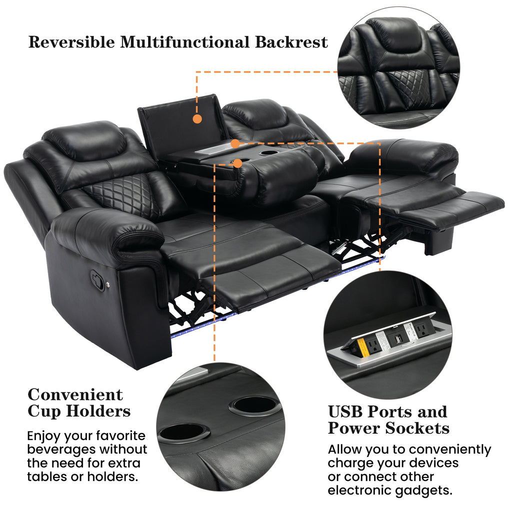 Home Theater Seating Manual Recliner Chair with Center Console and LED Light Strip