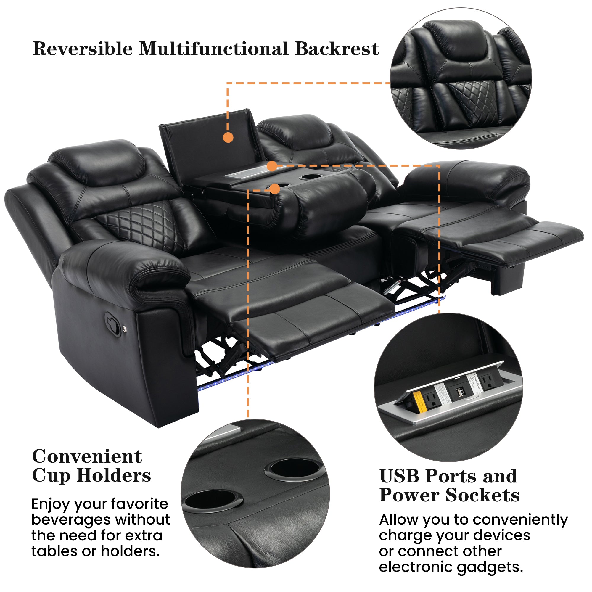 Home Theater Seating Manual Recliner Chair with Center Console and LED Light Strip