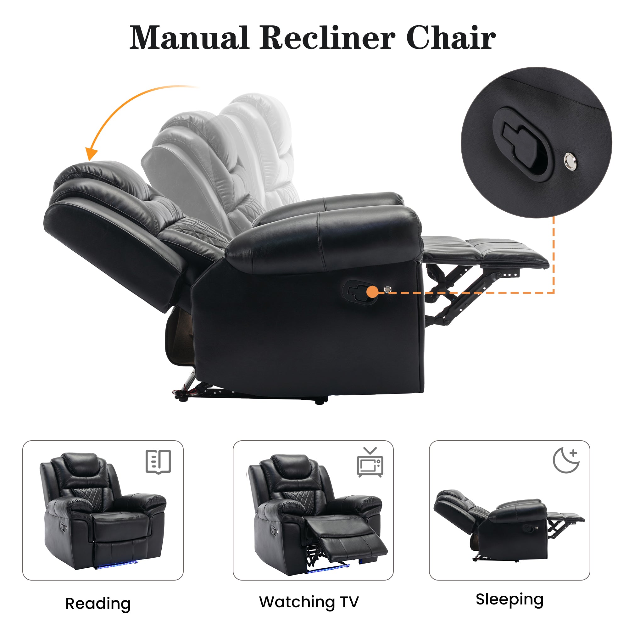 Home Theater Seating Manual Recliner Chair with Center Console and LED Light Strip